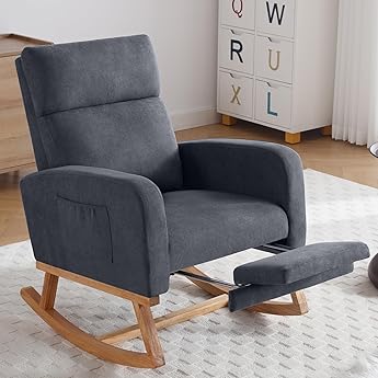 Swivel Recliner Chair, Rocking Chair Nursery, Glider Rocker Recliner, Nursery Chair with Extra Large Footrest for Living Room, High Back, Upholstered Deep Seat (Deep Gray)