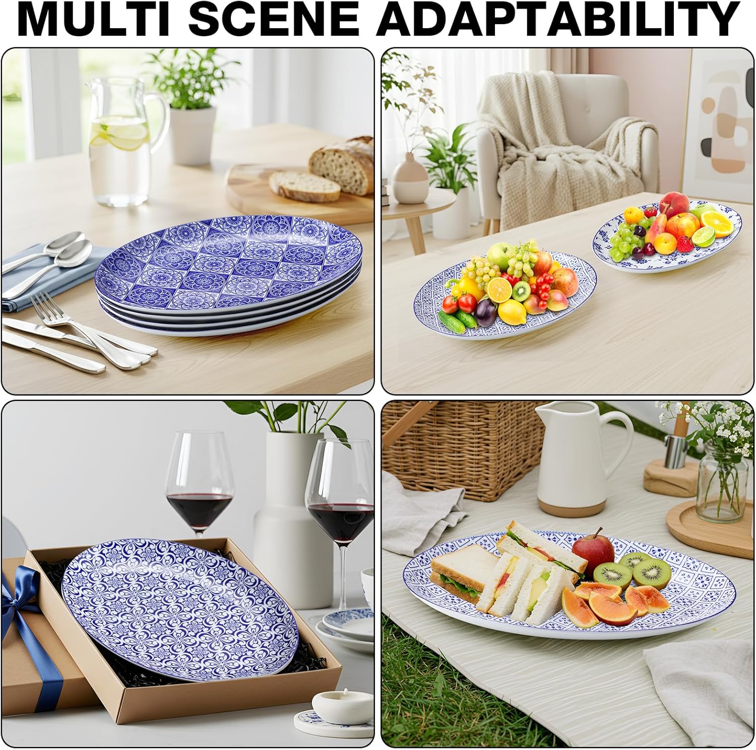 LemonRoad Ceramic Dessert Plates Set of 4, 12 Inch Porcelain Serving Platters, Blue and White China Oval Serving Dishes for Kitchen Fruit Sandwich Appetizer, Microwave And Dishwasher Safe - Image 7