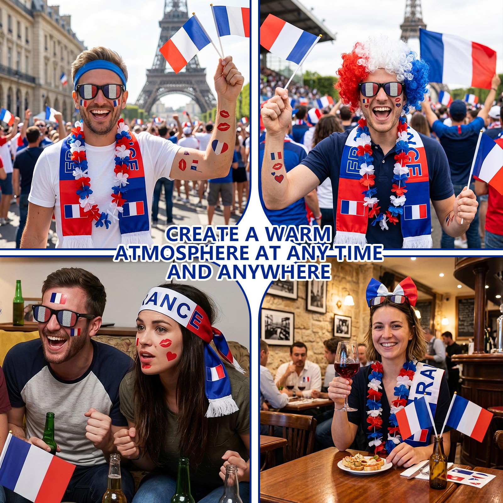 9 Pièces Kit Supporter France, Coupe du Monde 2026 Football Accessoire Bandeau Écharpe Perruque Tatouages Temporaires Lunettes Collier de Fleurs, Drapeau à Main Accessoire Supporters France