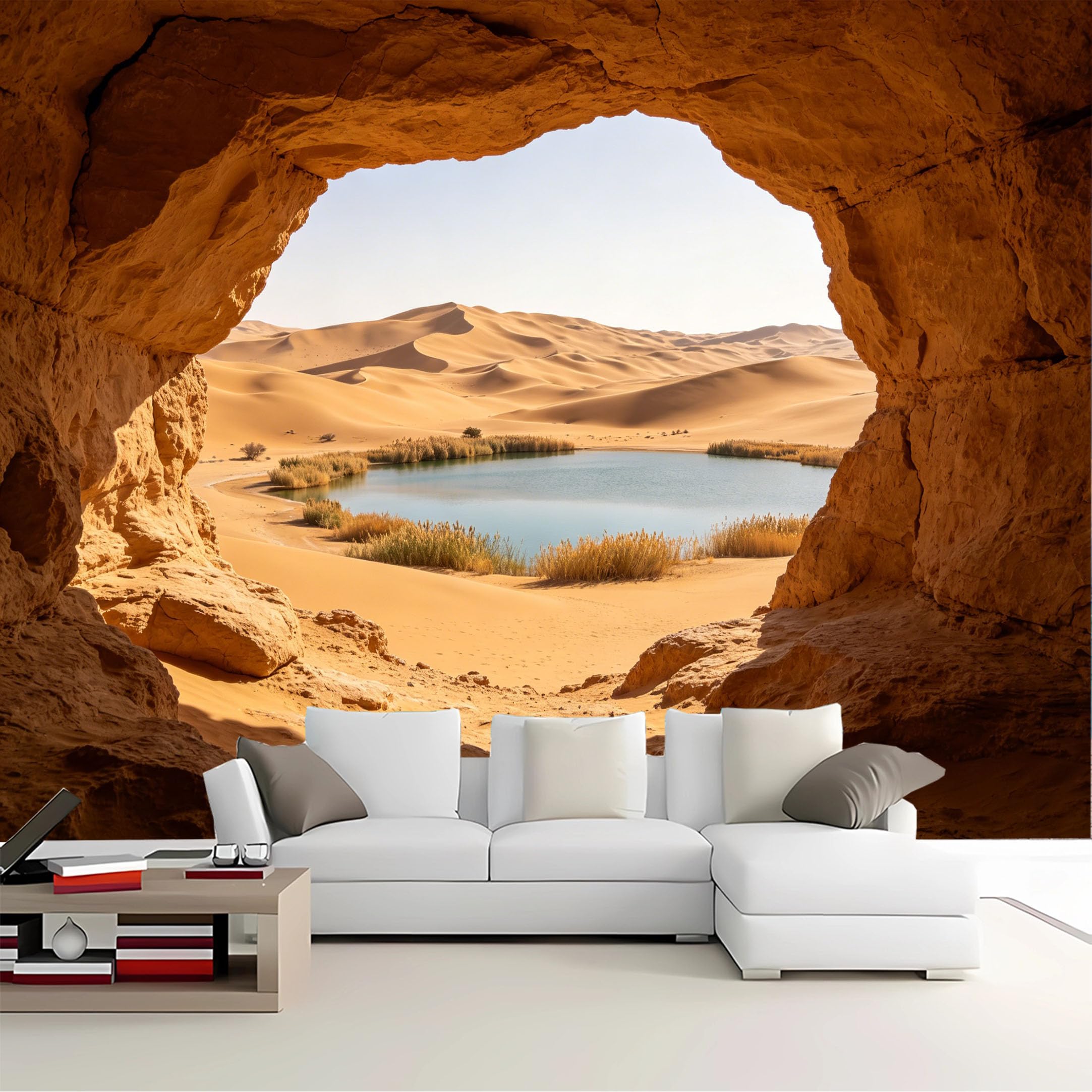 Custom Size Wall Mural Cave View Desert Oasis Removable Self Adhesive Peel and Stick Wallpaper for Bedroom Living Room Dining Room