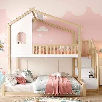 Bunk Bed 90 x 200 cm and 140 x 200 cm Bunk Bed with Stairs and Storage Space Children's Bed House Extendable with House Rail White and Natural