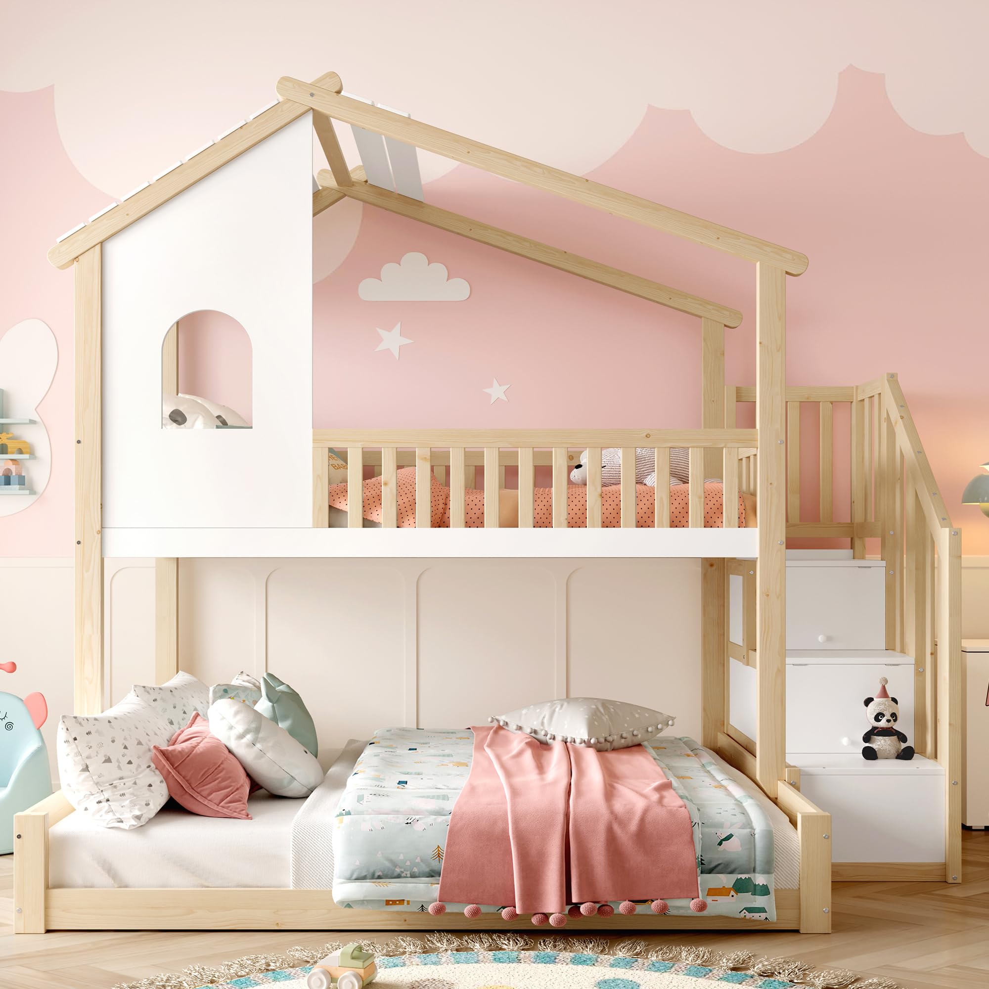 Moimhear Letto a castello, letto per bambini, scaletta per finestre, listello naturale e bianco, legno di pino+MDF + Plywood (90 x 200 cm+140 x 200 cm)