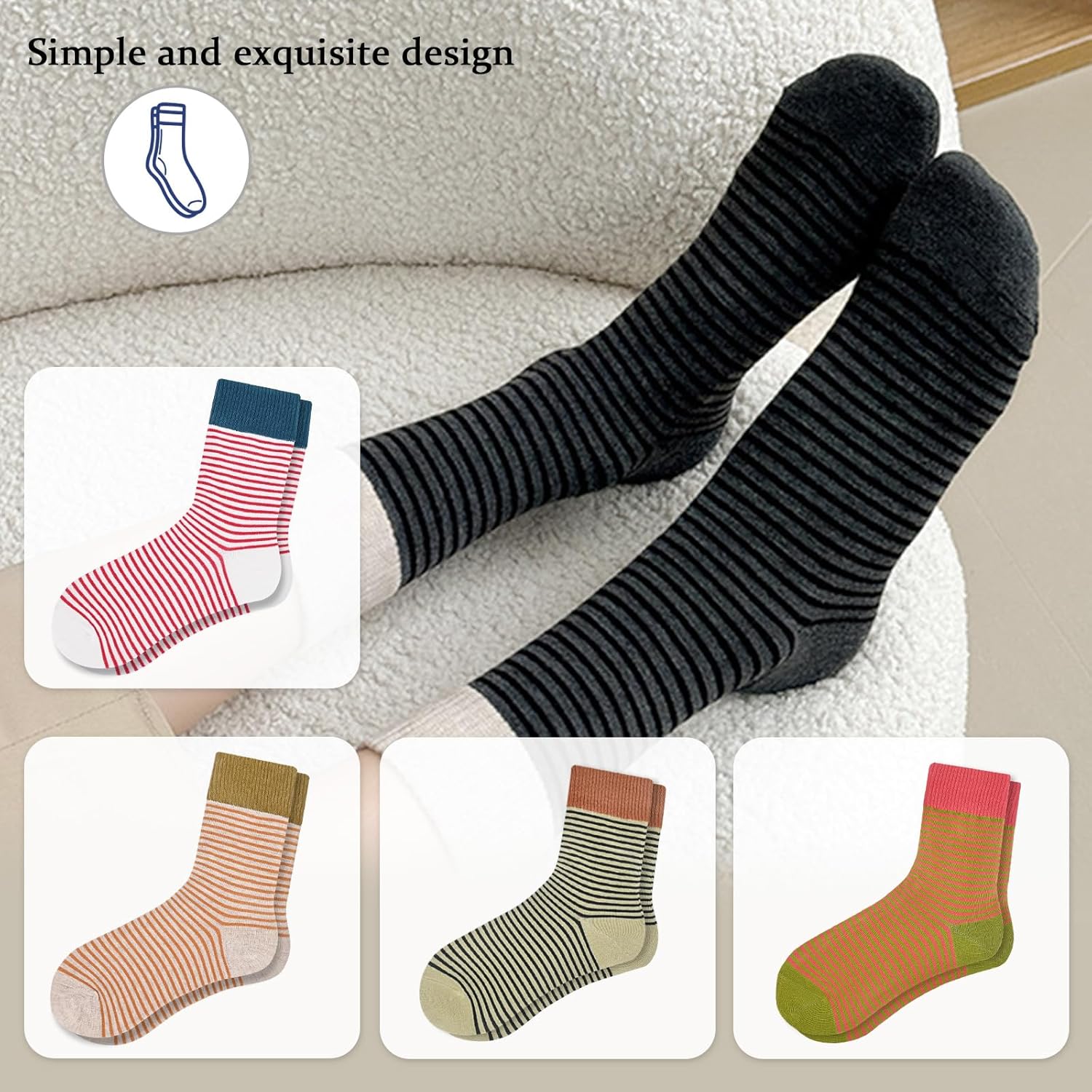 Retro Style Colorful Striped Socks, Vintage Fun Fashion Cute Athletic Aesthetic Cotton Crew Socks for Women - Image 6