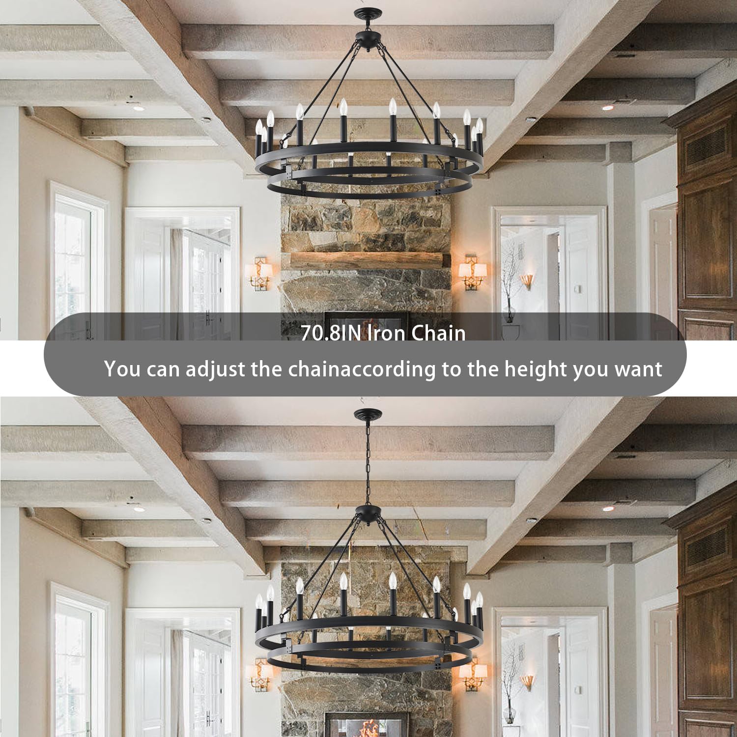 40 inch Black Wagon Wheel Chandelier,Farmhouse Industrial Country Style Round Pendant Light Fixture,Round Ceiling Light fixtures for Outdoor Porch high Ceilings Living Dining Room Foyer Entryway