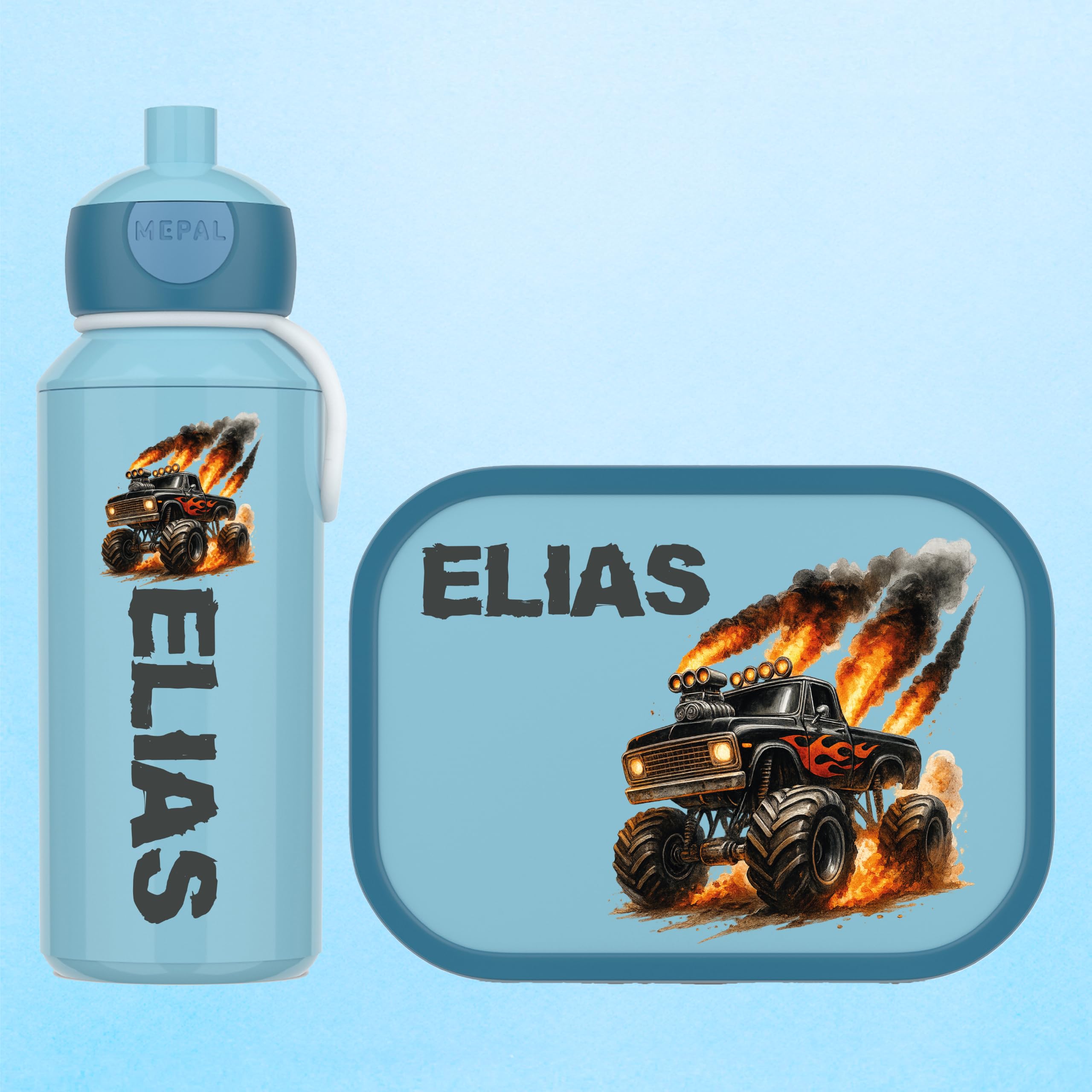 Mepal Campus Brotdose Personalisiert & Trinkflasche - 2er Set Cool Blue | Monstertruck Auto Truck Name - Geschenk Kitastart Einschulung Schule Brotdose Trinkflasche Lunchbox Junge Mädchen Kita
