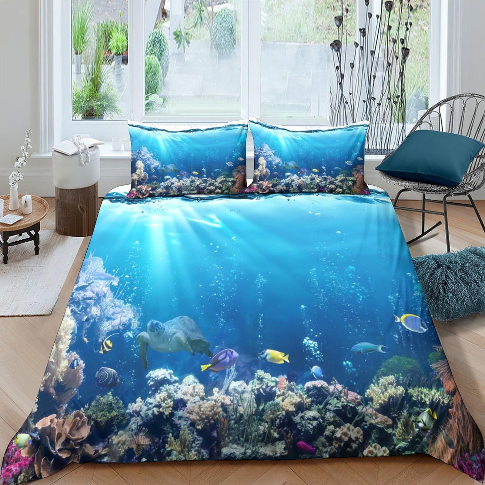 GPLZQXKJNH 3D Printed Ocean Coral Reef Duvet Cover Microfiber Bedding Set with 2 Pillowcases, Soft Breathable for Bedroom Decor, Single（135x200cm）