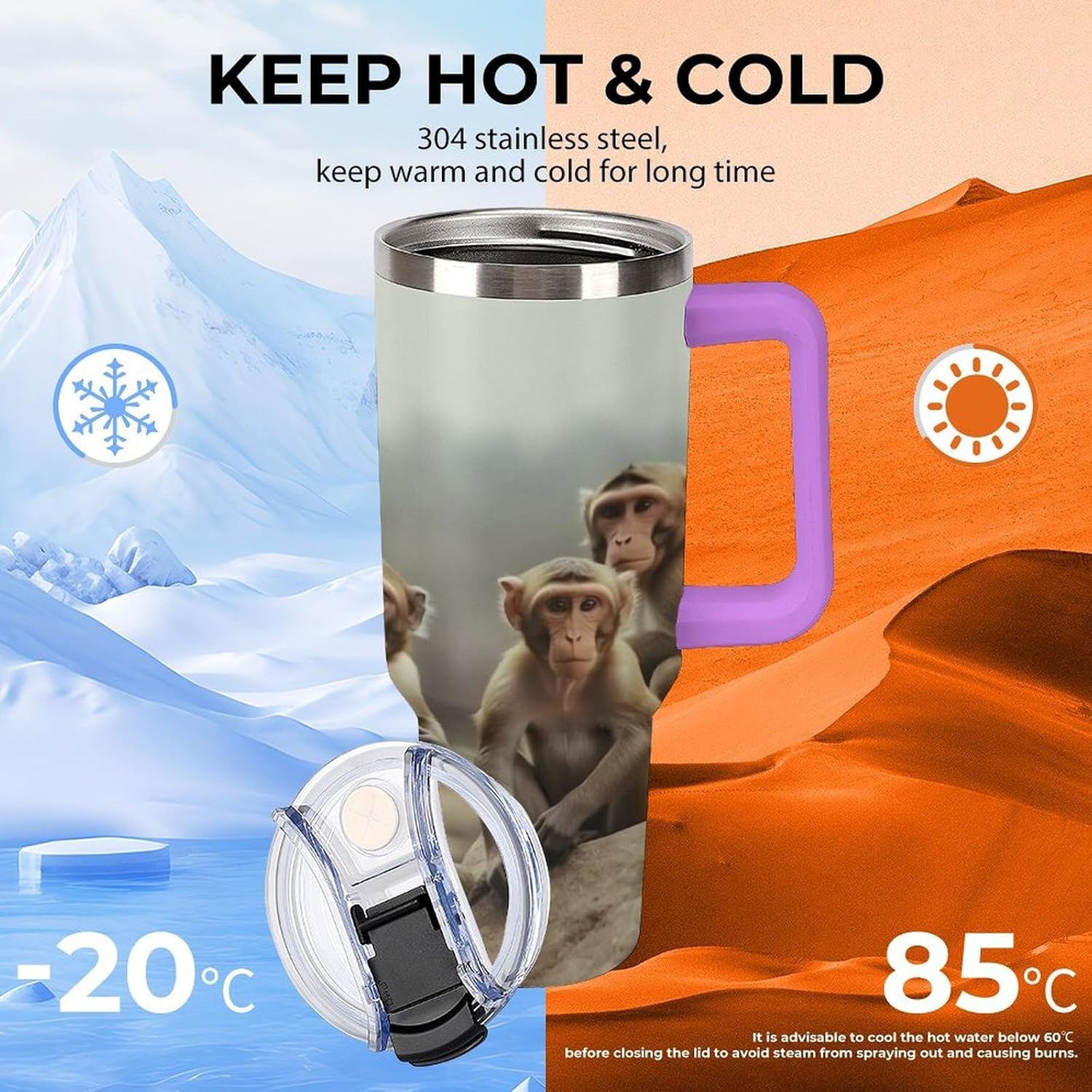 Sitting Monkey Travel Coffee Mug Reusable Durable Stainless Steel Insulated Tumbler with Handle And Straw Leak Resistant Portable Thermal Cup Gifts for Men Women 40 Oz