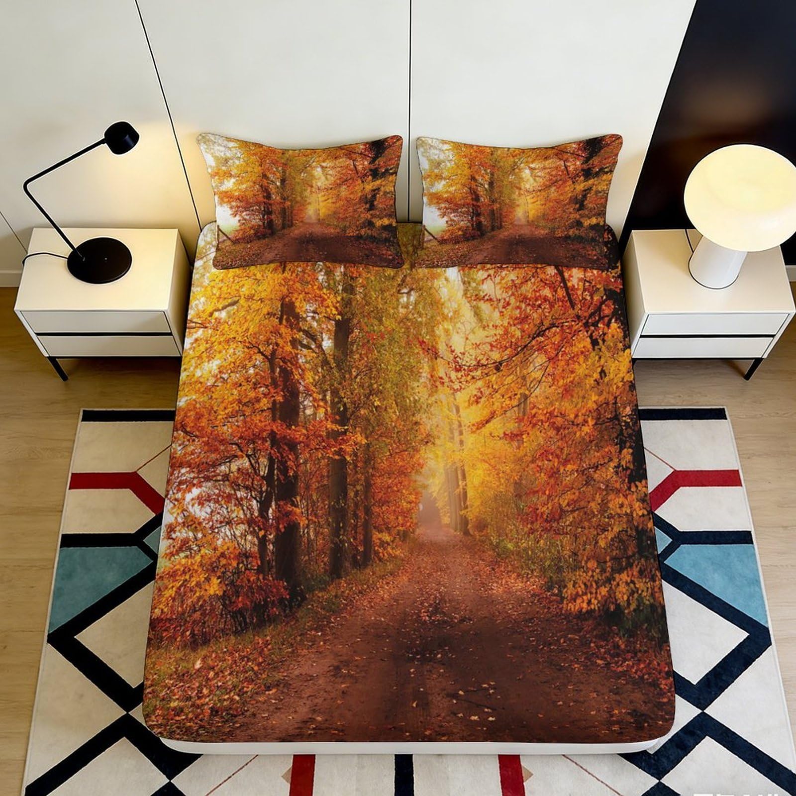 3D Printed Autumn Forest Fitted Sheet Microfiber Soft Non-Slip Fall Path Mattress Cover for Bedroom Décor 90x200x25cm