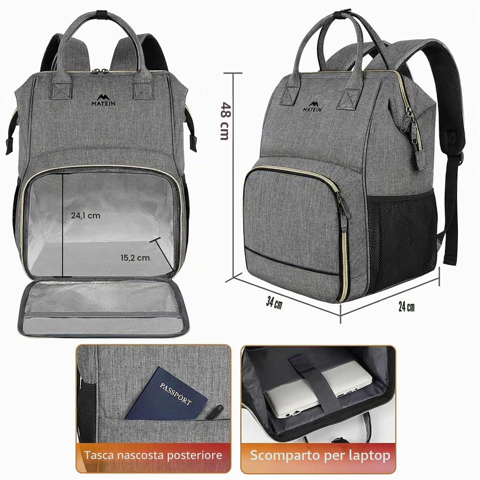 MATEIN Zaino Lavoro Donna con Porta Pranzo, Grande Zaino per PC 17 Pollici | Capiente Zaino Università Donna con Scomparto Termico, Tasca Antifurto, per Ufficio, Scuola, Viaggio, Trekking, Picnic, Nero