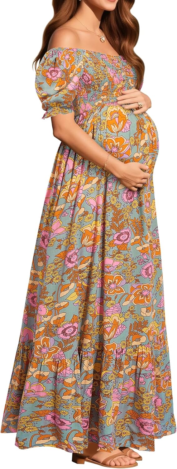 Maternity Dress Baby Shower - 2025 Photoshoot Pregnancy Summer Floral Maxi Off Shoulder Casual Dress