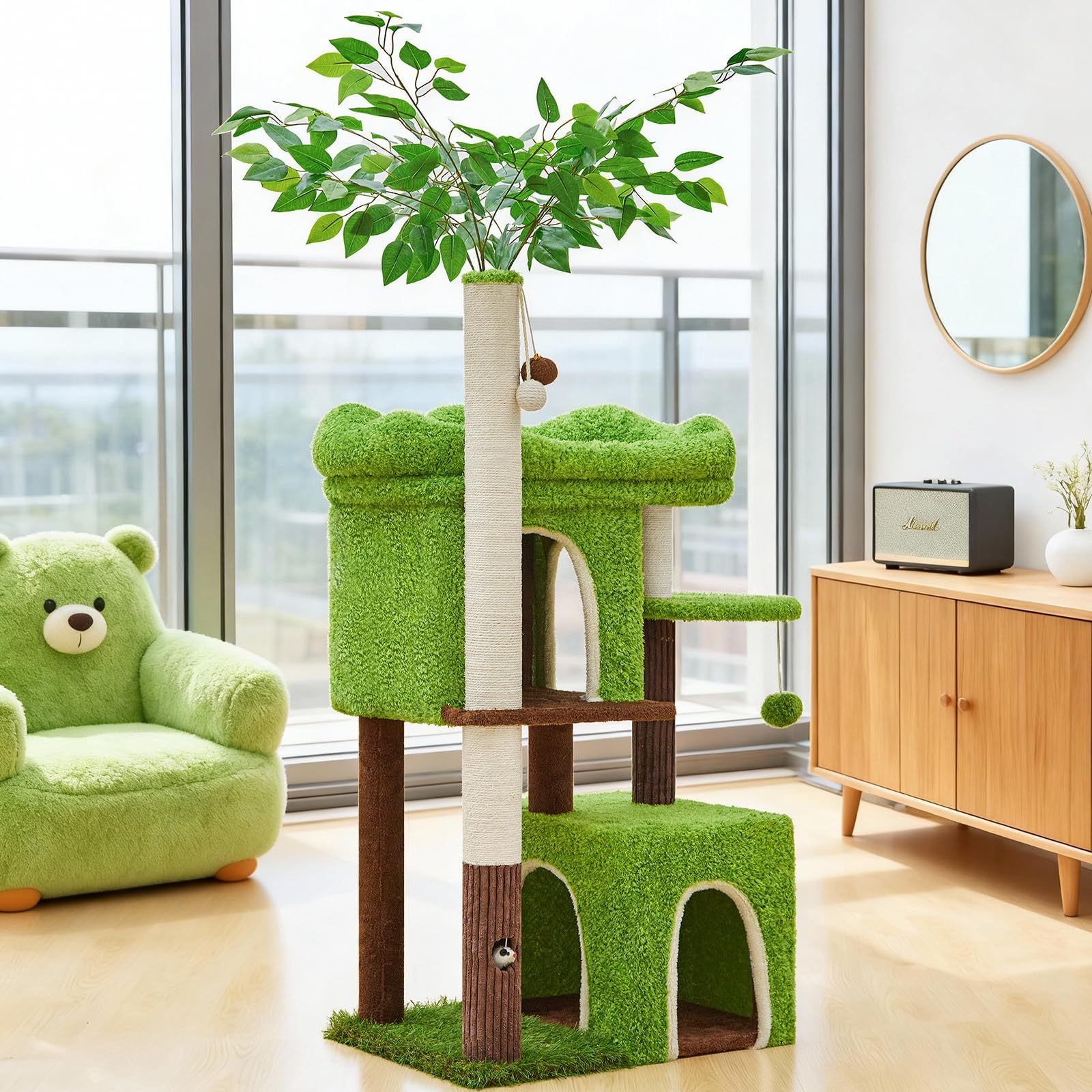 WOOCHPET 60in Cat Tree with Cat Scratching Post Tree-Shaped Cat Tree Tower with 2 Large Cat Houses and Wide Top Perch Bed for Adults and Large Cats