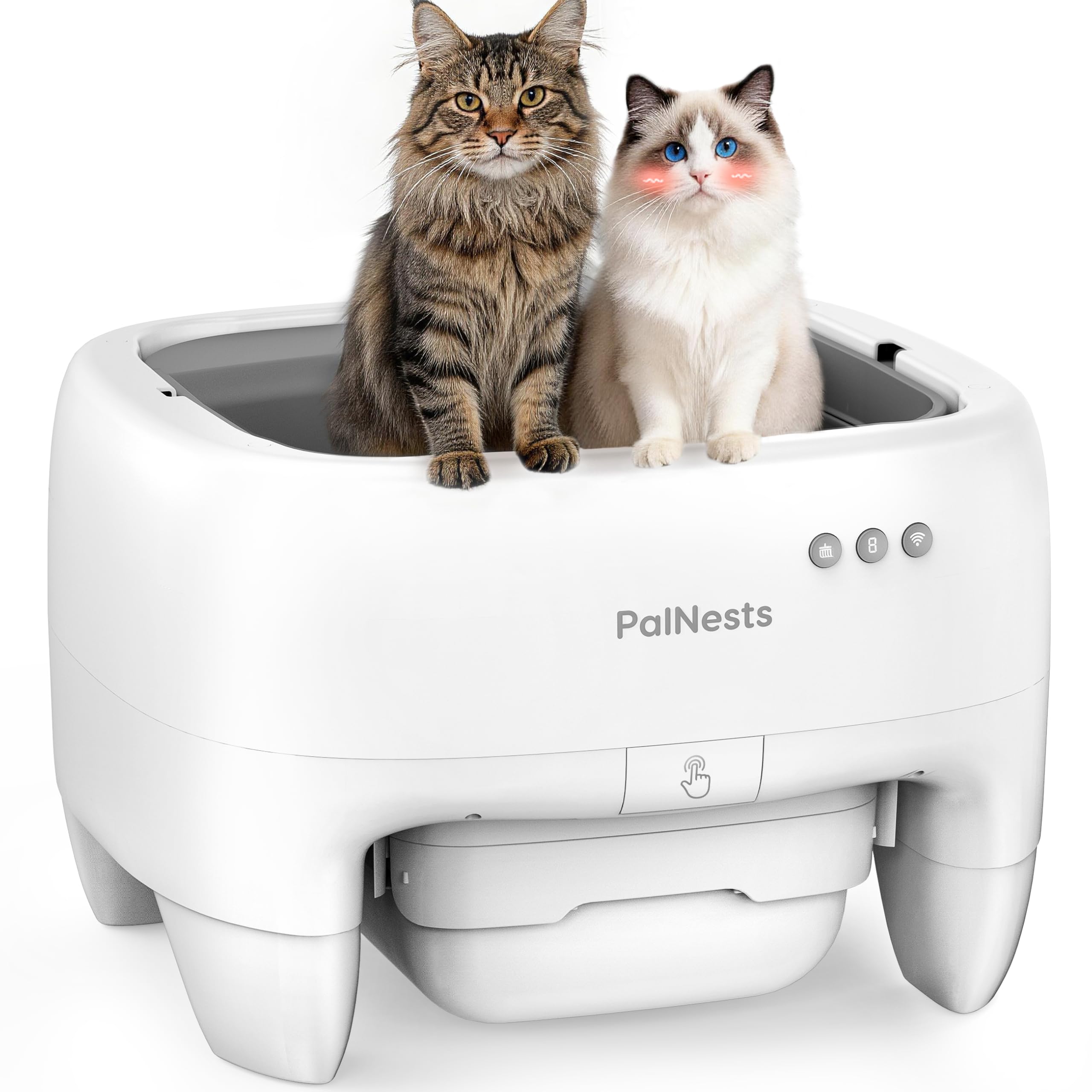 PalNests Lettiera Gatto Autopulente, Lettiera Automatica per Gatti Sicurezza Anti-Pizzicamento, Design Aperto con Ingresso dall'Alto per Gatti Grandi e Multipli, Controllo APP, Deodorizzazione, Bianco