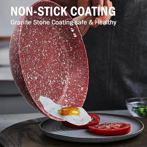 Miniatura 3 de KOCH SYSTEME CS Sartén antiadherente de granito rojo de 12 pulgadas con tapa, sartenes clásicas con revestimiento antiadherente no tóxico, sartén de