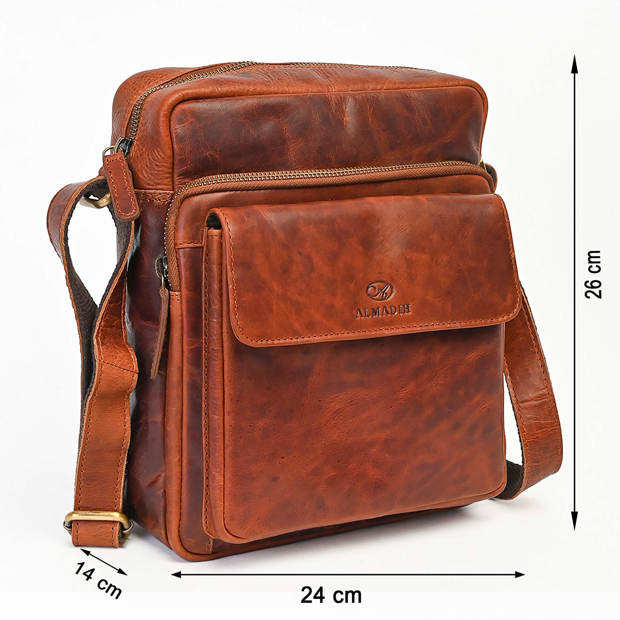 ALMADIH Leder Umhängetasche Herren perfekt für Tablet iPads 12.9 Zoll - DON braun - Kompakte echte Ledertasche für Arbeit & Alltag Messenger Schultertasche kleine Herrentasche