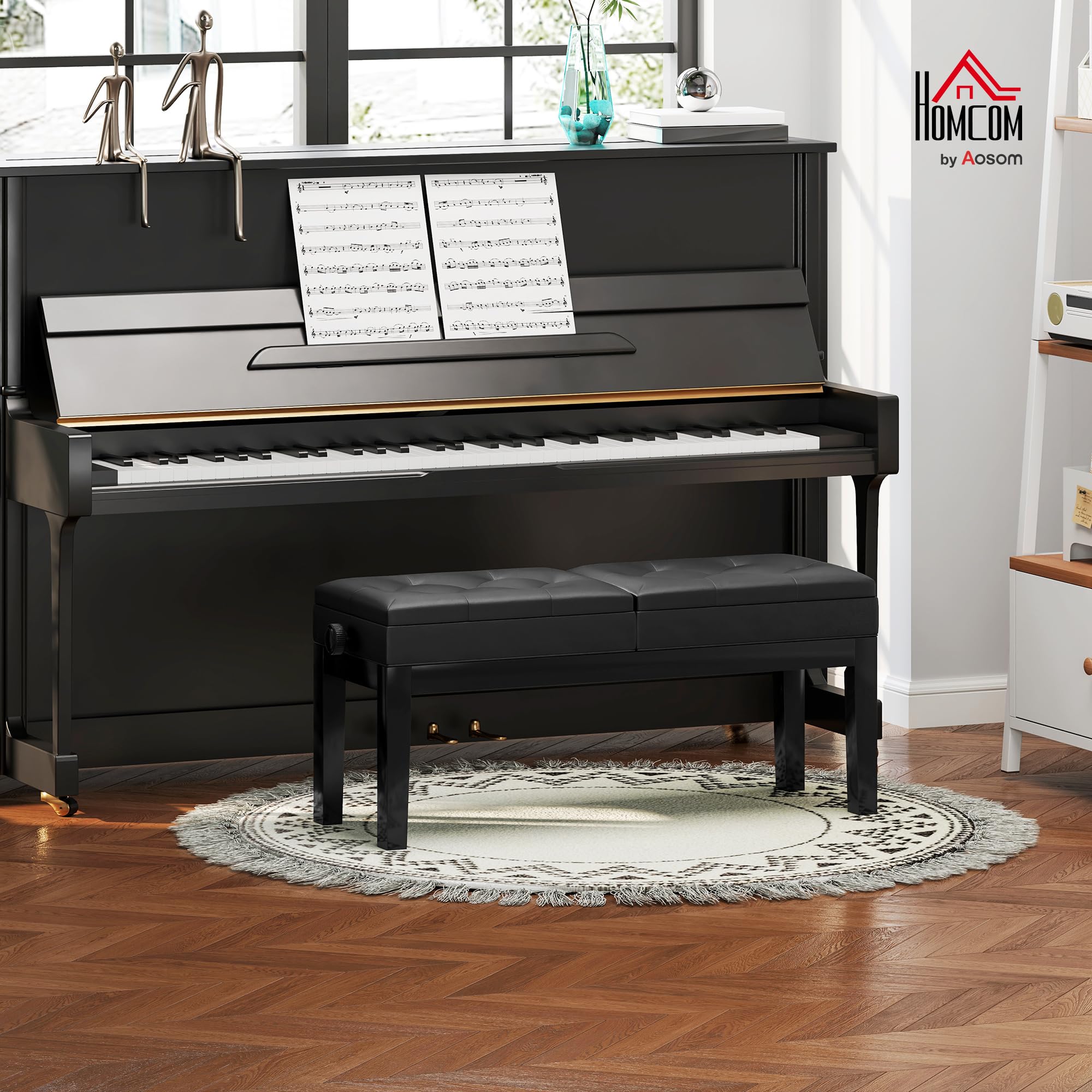 HOMCOM Banc de Piano réglable en Hauteur, Tabouret de Piano avec Rangement, Banquette pour Clavier capitonné, Pieds en Bois d'hévéa, Noir