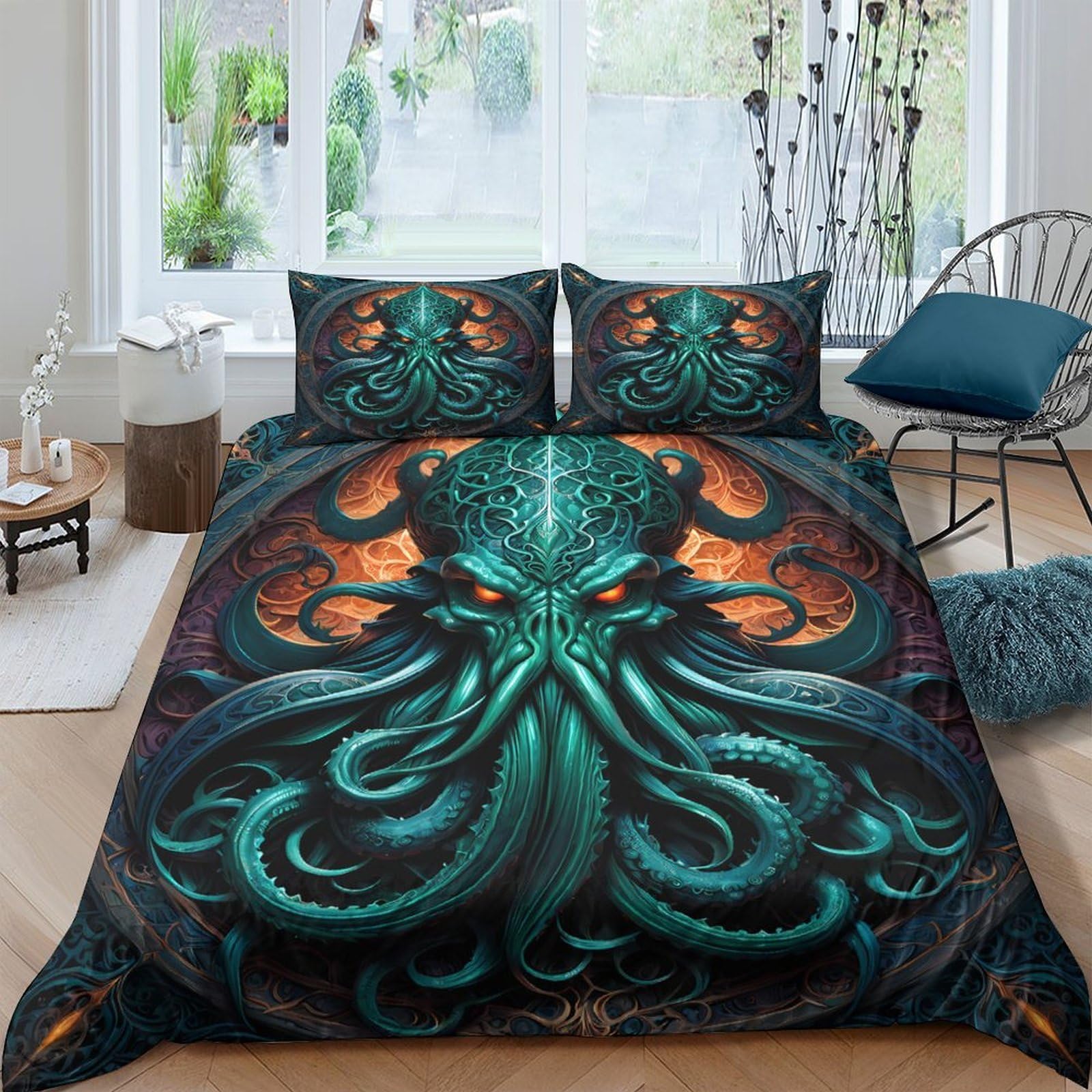 Ctjqhvkz Style-7 3D Printed Cthulhu Tentacle Fitted Sheet Microfiber Soft Breathable Fire Octopus Mattress Cover For Bedroom Dorm Decor Single（135X200cm）