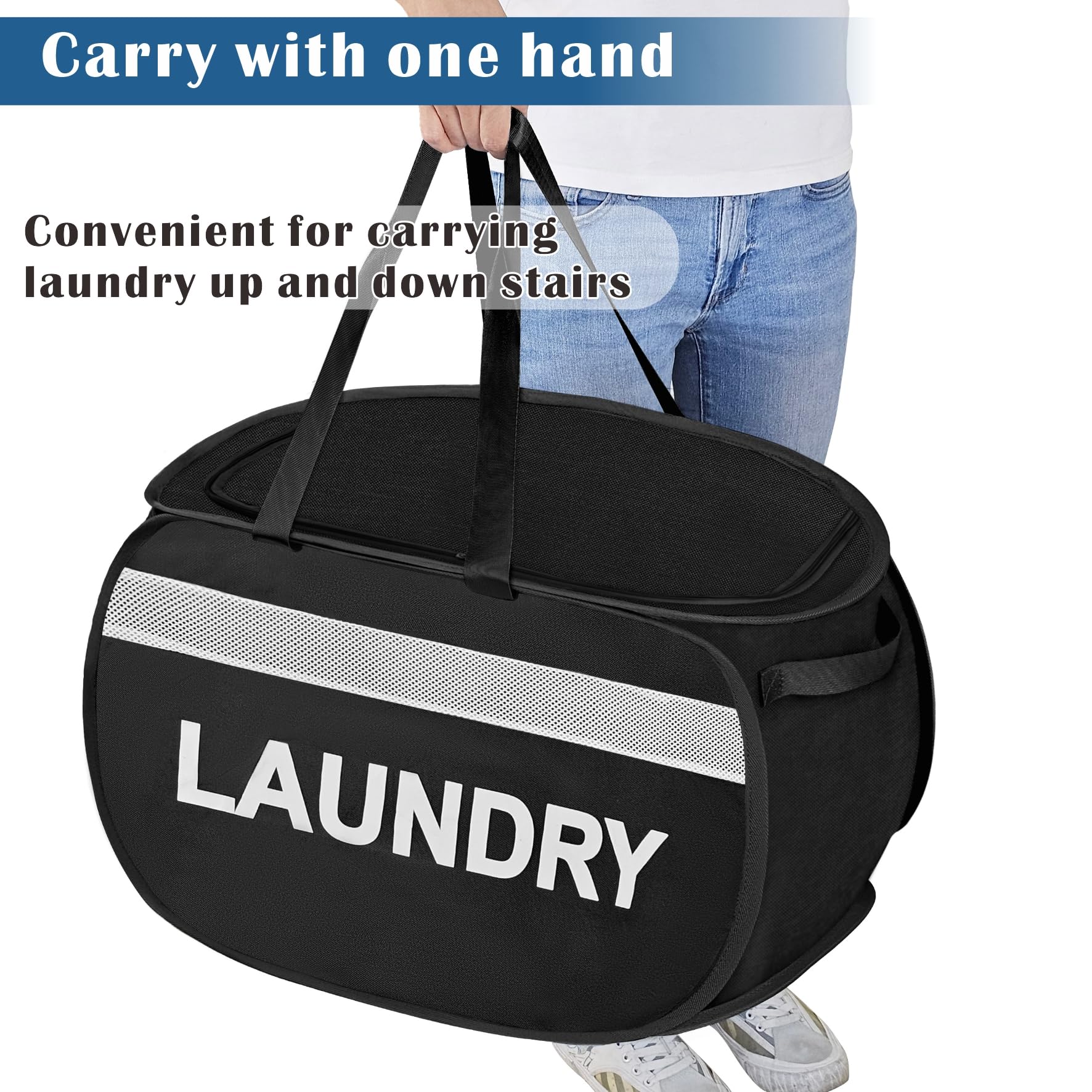 BOSNONA Large Collapsible Laundry Baskets Pop Up Laundry Hamper with Reinforced Handles Foldable Laundry Hamper for Home Laundry (Black Laundry with Lid) - Image 3