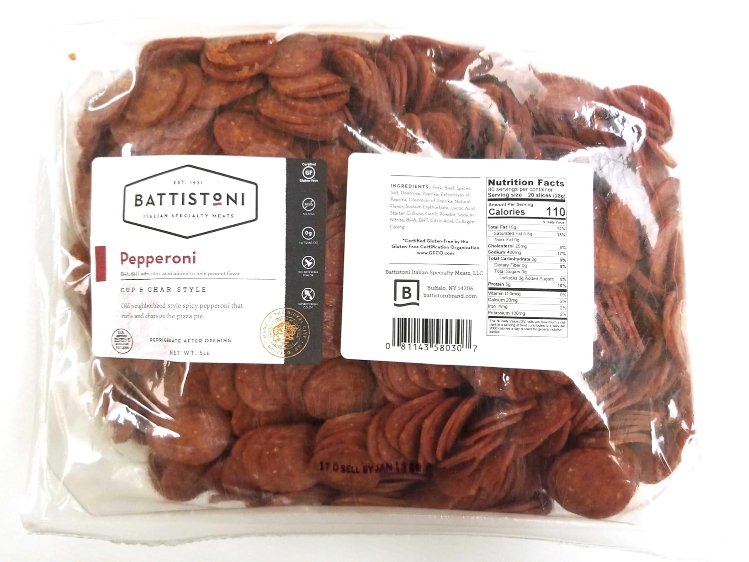 Battistoni Cup & Char Spicy Pepperoni, Pack of 5, 5oz Pouches