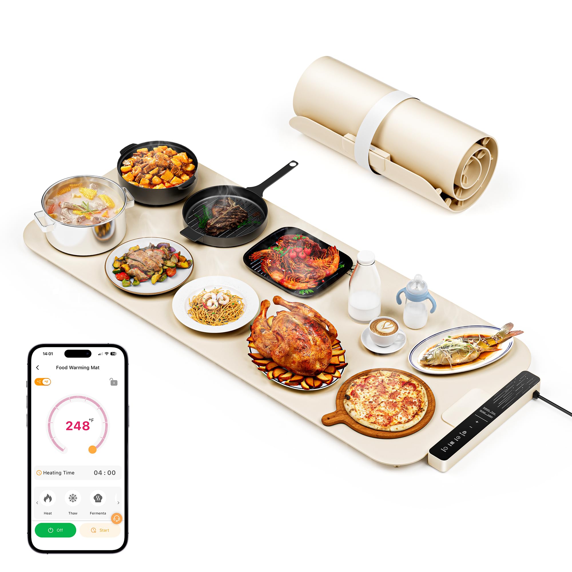 vabaso extra large food warming mat with app, 37"x15" diy temperature & timer settings, heats in 5s, electric warming tray with child safety lock, warming mat for food & countertop - kosher certified