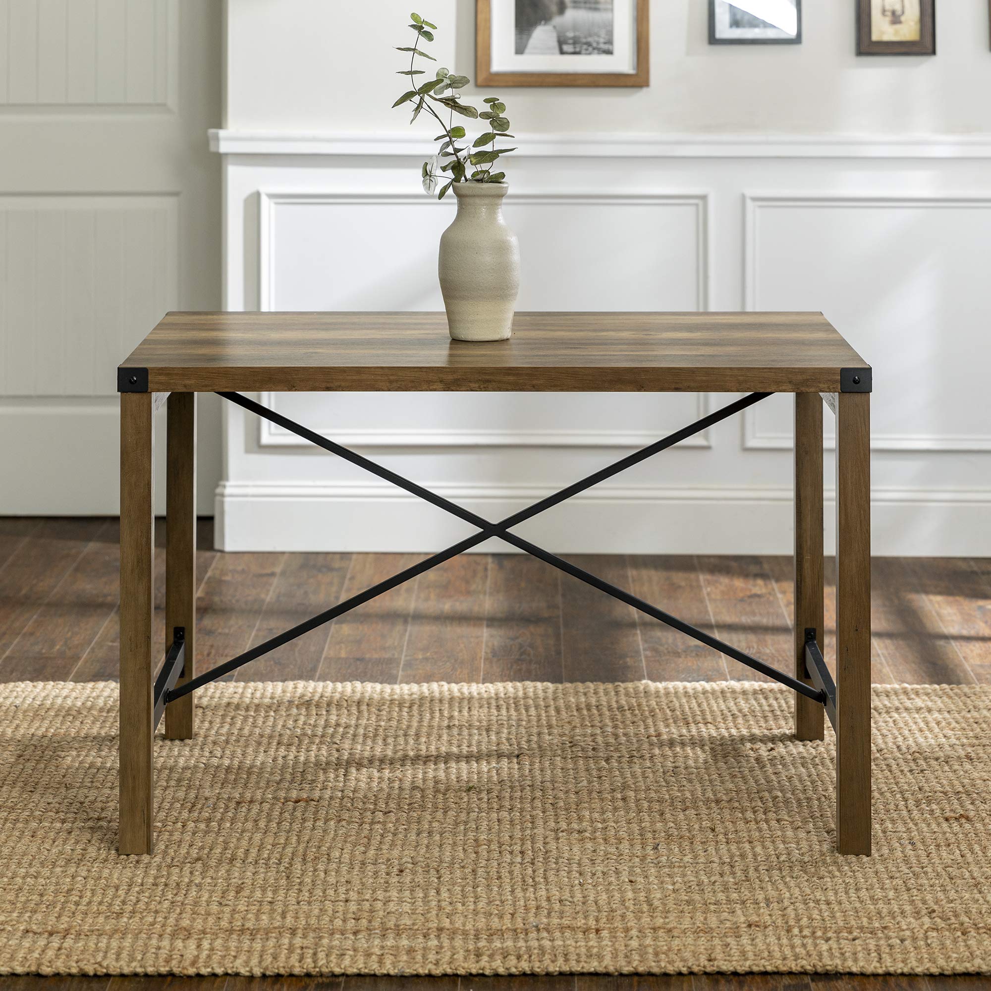 Walker Edison Marcus Modern Farmhouse Trestle Style Metal X Dining Table, 48 Inch, Rustic Oak