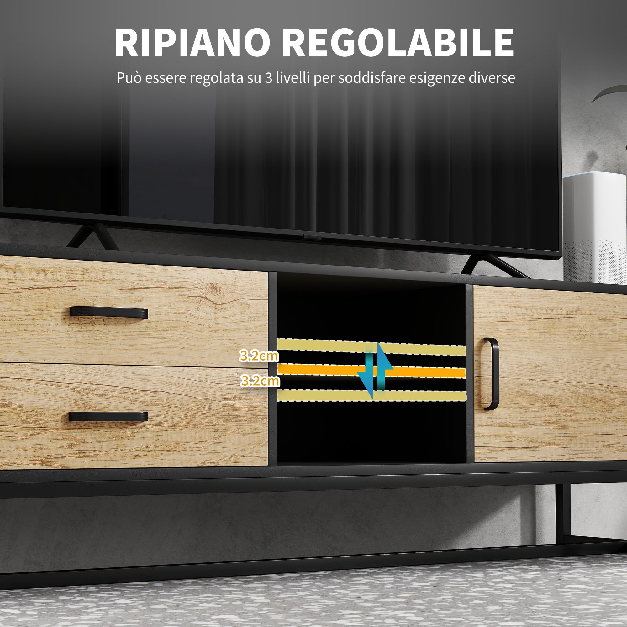 HOMCOM Mobile Porta TV 60" con Armadietto, 2 Cassetti e Ripiani Regolabili, Mobile TV con 2 Aperture Passacavi in Legno per Soggiorno e Salotto, 140x35x45 cm, Legno Naturale e Nero