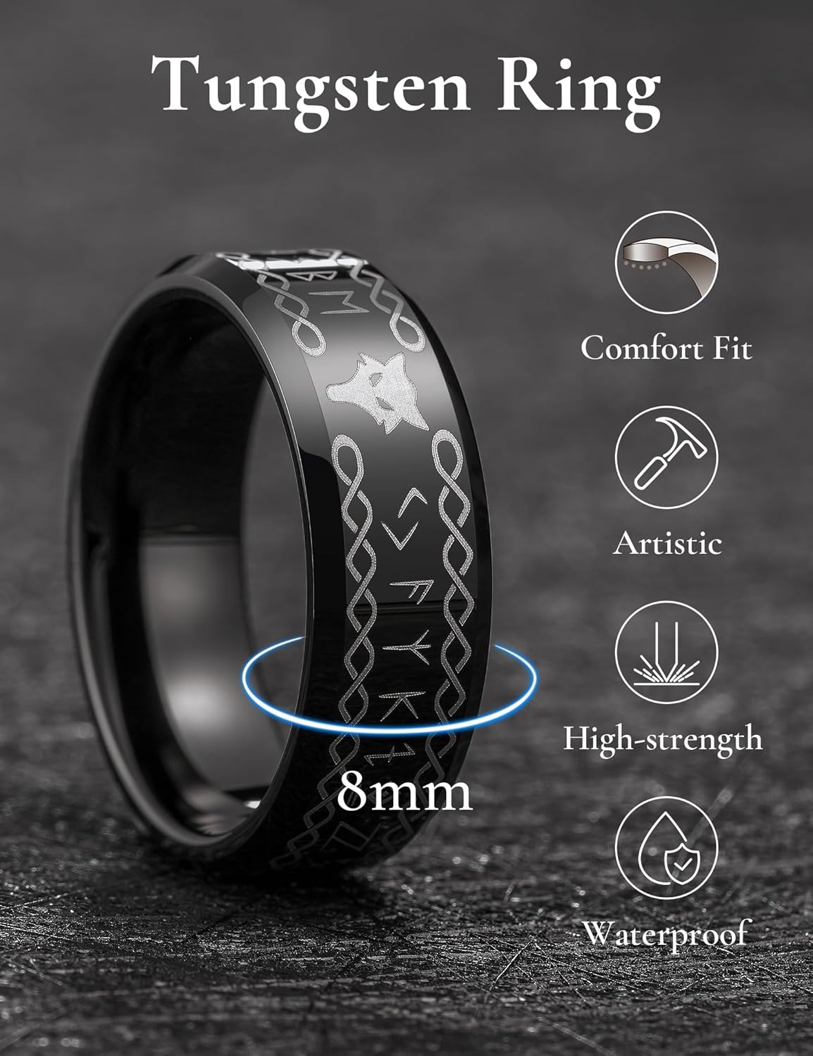 King Will 8mm Tungsten Rings for Men Mens Vintage Viking Laser Patterned Ring - Image 2
