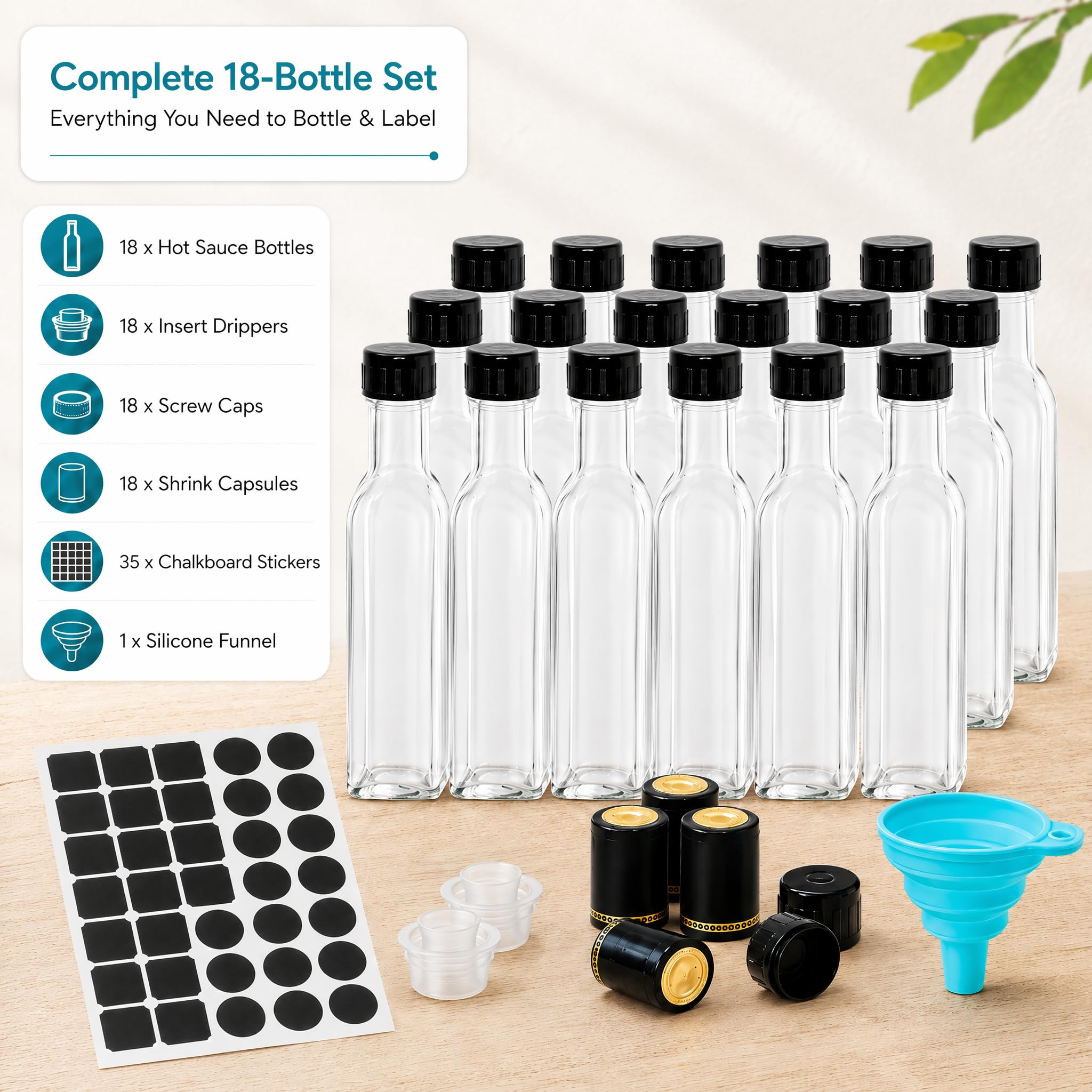 Kingrol Paquete de 18 botellas Quadra de 8.5 onzas con tapas de rosca a prueba de fugas, botellas de salsa picante, botellas cuadradas de vidrio para aceite, vinagre, jarabe, aderezo para ensaladas