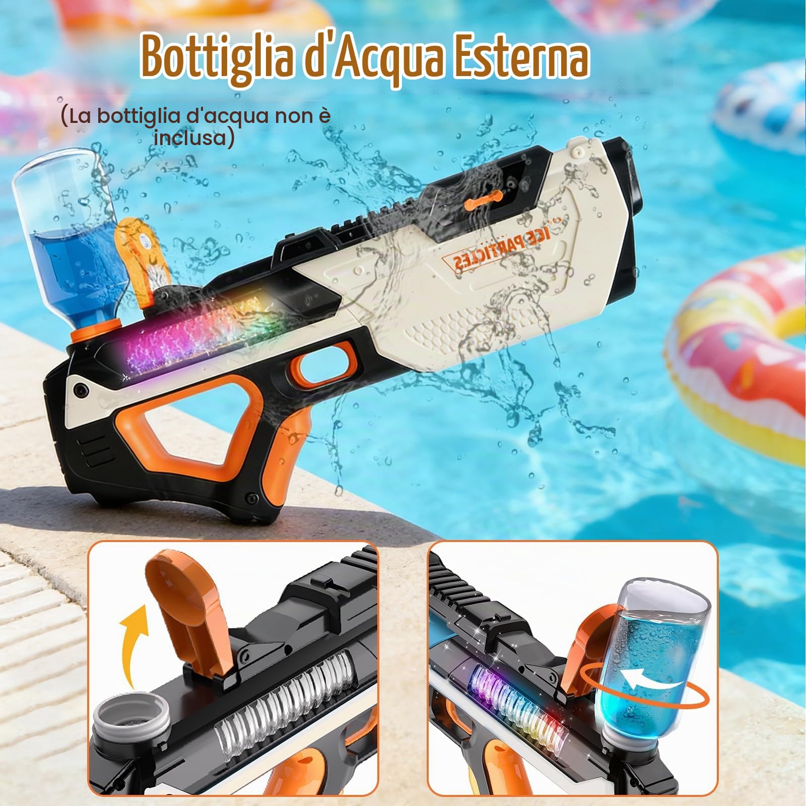 Pistola ad Acqua Elettrica Fucile Ad Acqua Automatico Pistole ad Acqua Autoadescanti con luci Effetti Sonori Electric Water Gun Giocattolo Blaster ad Acqua per Feste Estive Giardino Piscina Spiaggia