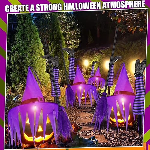 Miniatura 4 de Juego de 4 piezas de patas de bruja boca abajo para Halloween, patas de bruja moradas malvadas, decoraciones con escoba y sombrero de bruja para