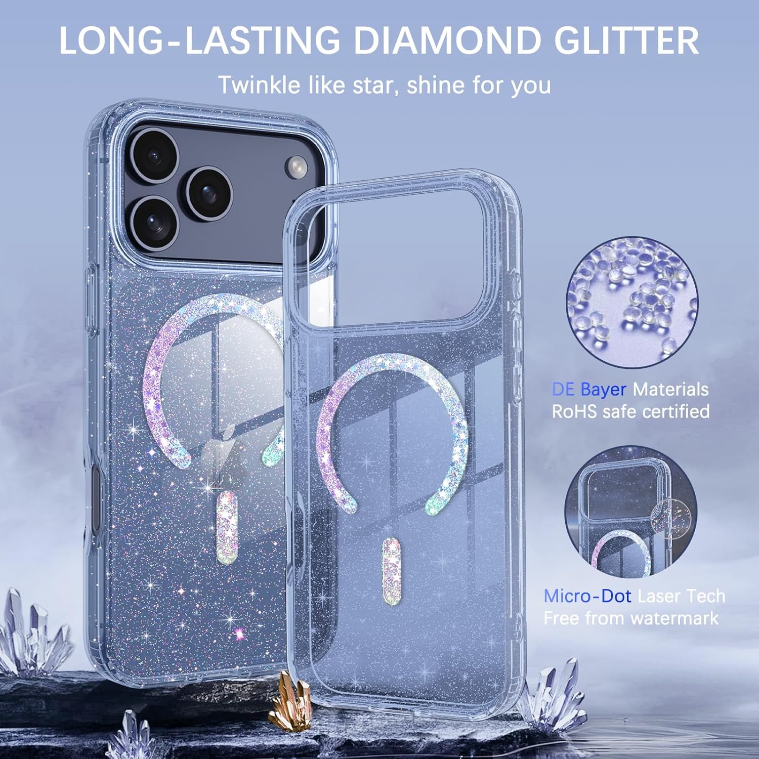 BENTOBEN Magnetic for iPhone 17 Pro Max Case, Clear Crystal Glitter Bling 17 Pro Max Phone Case [Compatible with MagSafe], Shockproof Sparkly Cute Women Girl Cover for iPhone 17 Pro Max, Deep Blue - Image 4
