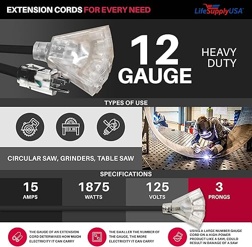 Miniatura 7 de LifeSupplyUSA - Cable de extensión de alimentación de 3 pies para exteriores e interiores, impermeable, 3 salidas, SJTW, calibre 12, 15 amperios,