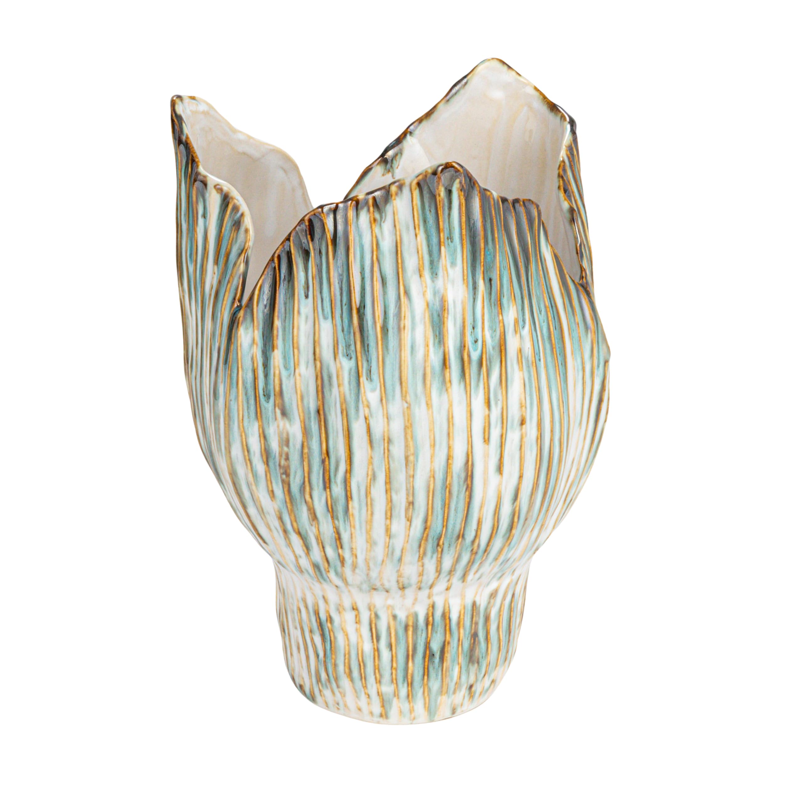 Bloomingville Stoneware Pleated Sculptural Vase with Reactive Glaze, Green and White