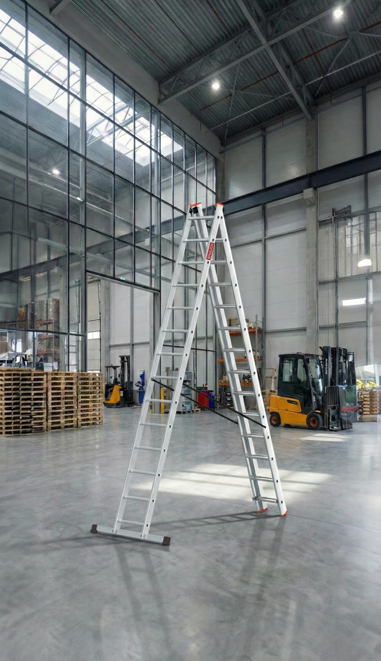 Escalera Multifuncional de Aluminio 3 en 1-14 peldaños - Tres segmentos Profesionales - de Apoyo, Extensible, Autoportante - para Trabajos Domésticos - con Estabilizador - Color Plateado