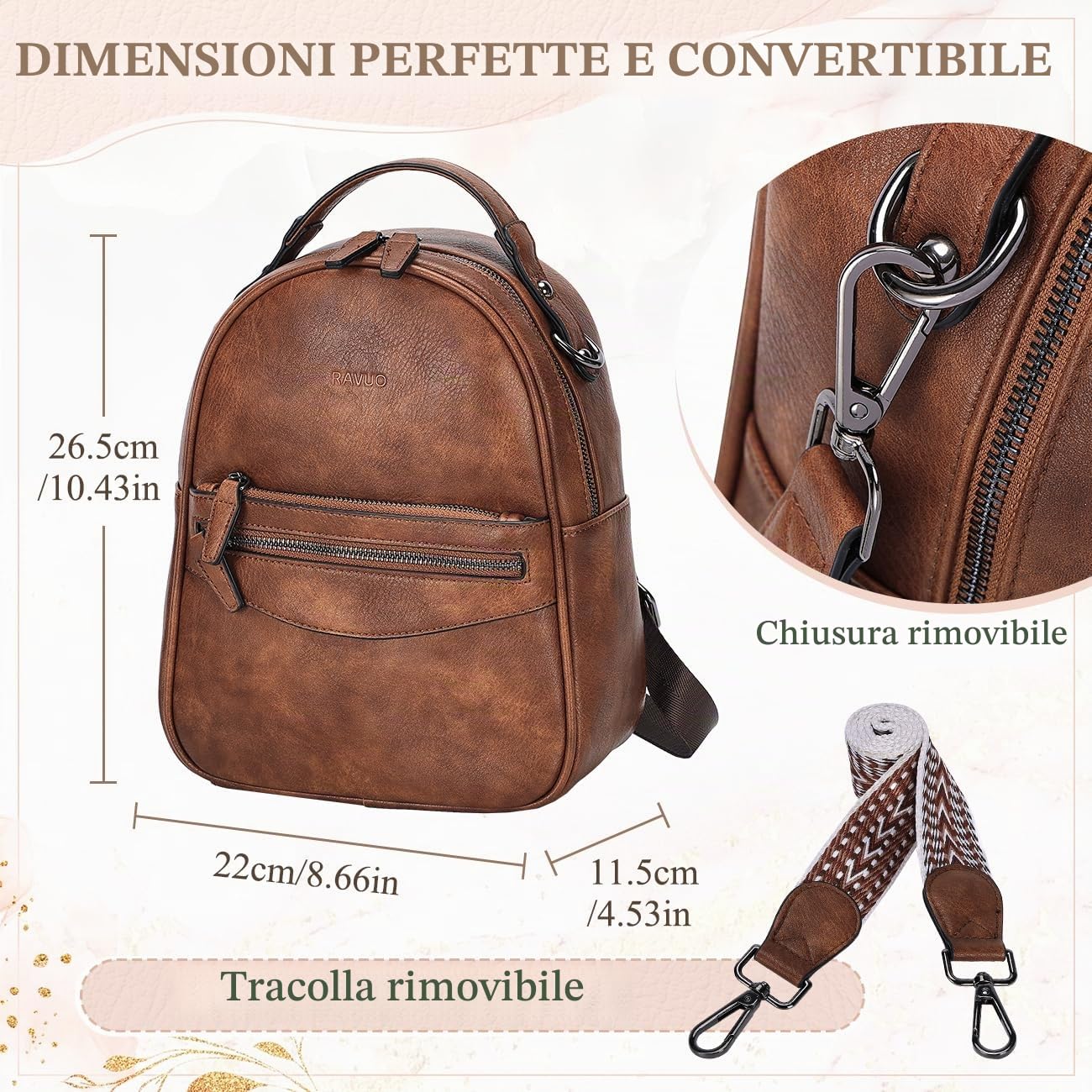 RAVUO Mini Borsa Zaino per Donne, Cute Faux Leather Convertible Borse Moda Donne Trendy Borsa a Tracolla 3 Modi per Trasportare