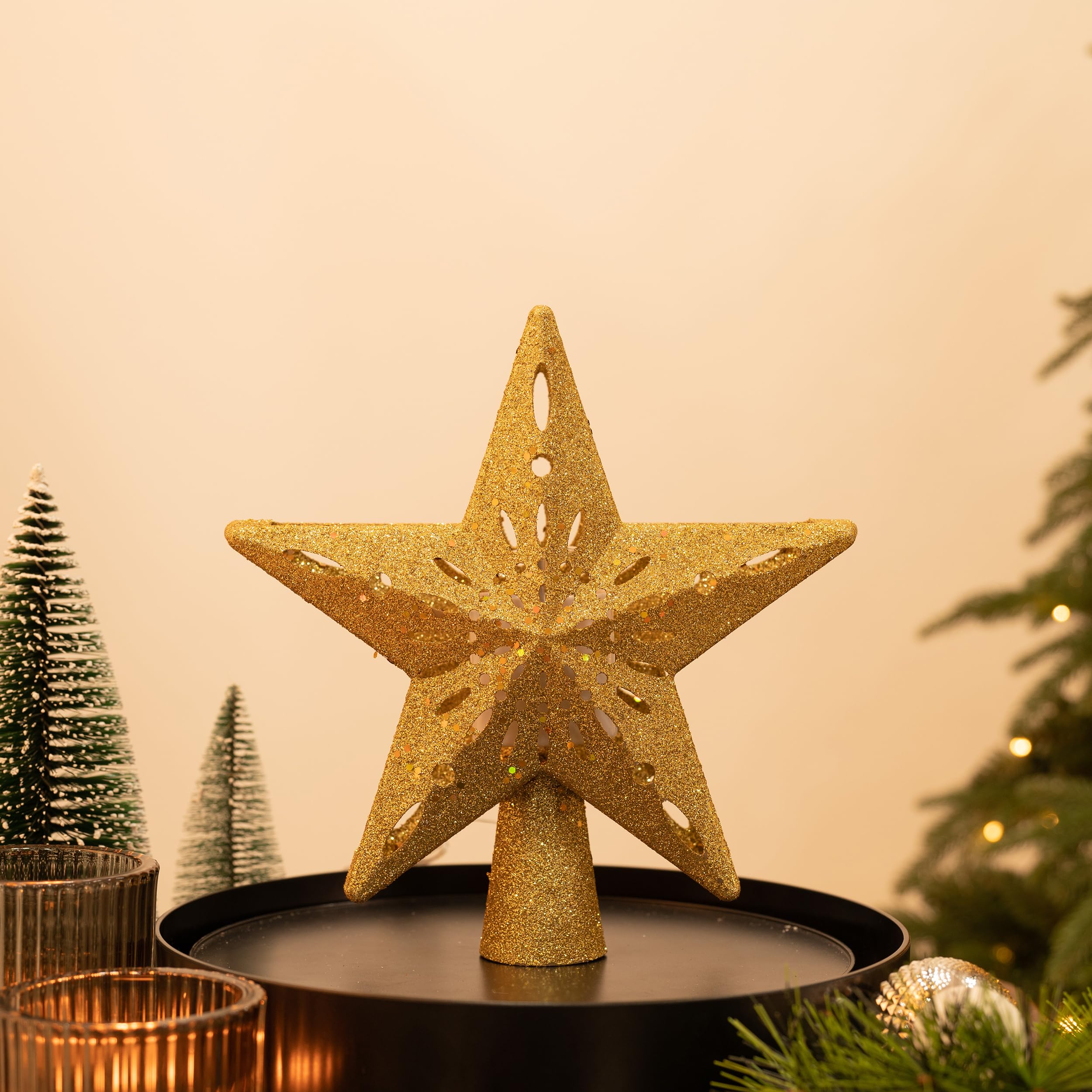 Valery Madelyn Cimier de sapin de Noël en forme d'étoile pour décoration de Noël d'intérieur, 25,4 cm - Flocon de neige amusant en plastique rouge, vert et doré - Minuterie pour projection de lumières