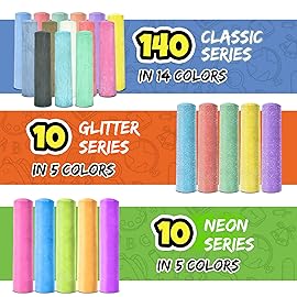 160 PCS Sidewalk Chalk for Kids - 14 Colors, 10 Glitter, 10 Neon Non-Toxic Washable Jumbo Chalks - Bulk Set of Outdoor Paint for Kids and Toddlers - Chalkboard Toys - Big Bucket Chalk for Party