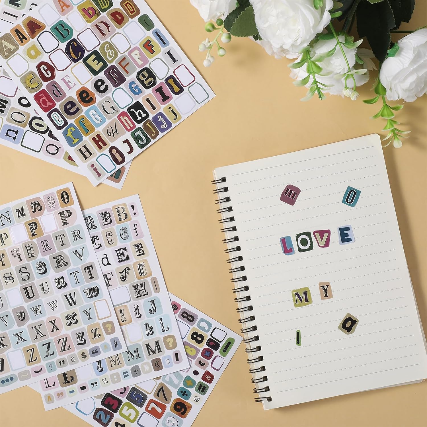 372Pcs Vintage Magazine Letter Stickers, 5 Sheets Random Alphabet Stickers for Scrapbooking, Journaling, DIY Crafts, Junk Journal Supplies, Multicolor Coated Paper