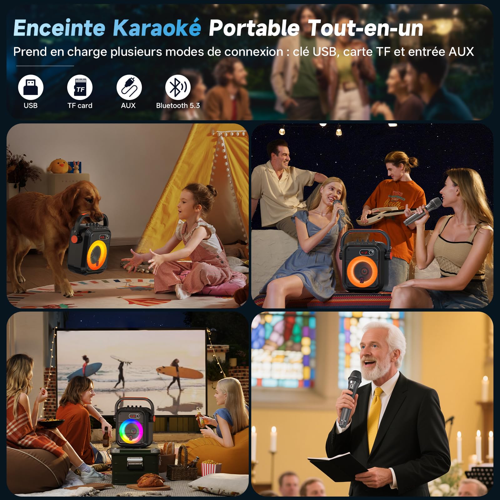 JYX Machine Karaoke avec 2 Microphones sans Fil, 90W Enceinte Karaoke Complet avec Lumières de fête, Portable Système Karaoké Support TWS/AUX/FM/USB/TF Carte