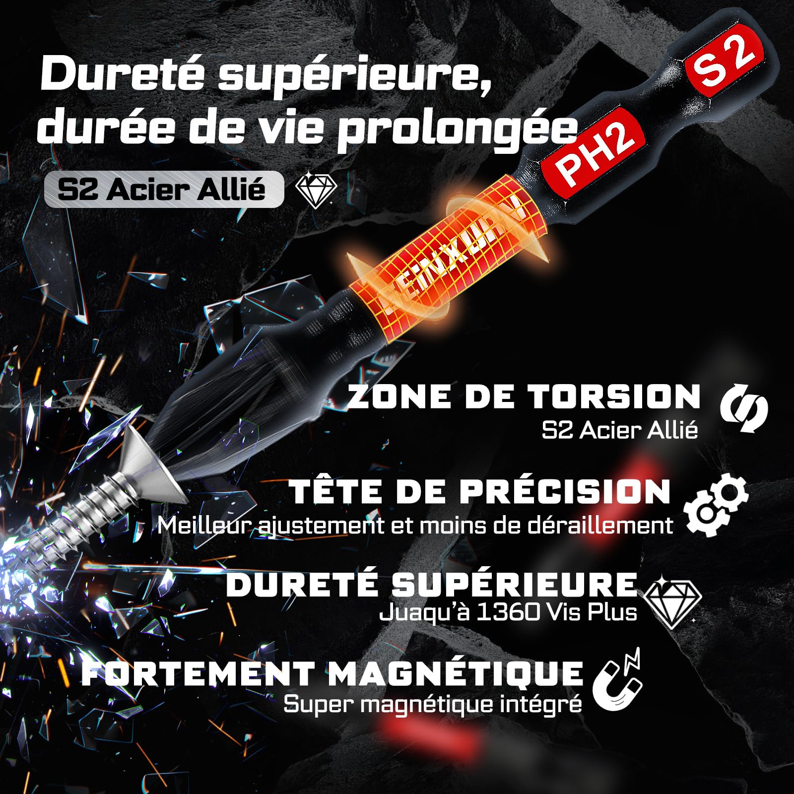 Geinxurn Lot de 99 Embouts de Vissage (Torx, Cruciforme, PZ, Hex, SL), en Acier S2 Magnétique, avec Porte-embout, Adaptateur, Clé à Douille, Embout PH2 avec butée de profondeur avec Boîte de Gris