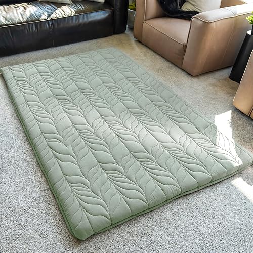 ZonLi Japanese Floor Mattress Futon Mattress Queen Size, Thicken Roll Up Tatami Mat w/ 100% Cotton Washable Cover, Portable & Foldable Floor Bed Mattress for Sleeping, Dormitory, Adult Kids, Green - Green - Queen (80"L x 60"W x 2.5"Th)