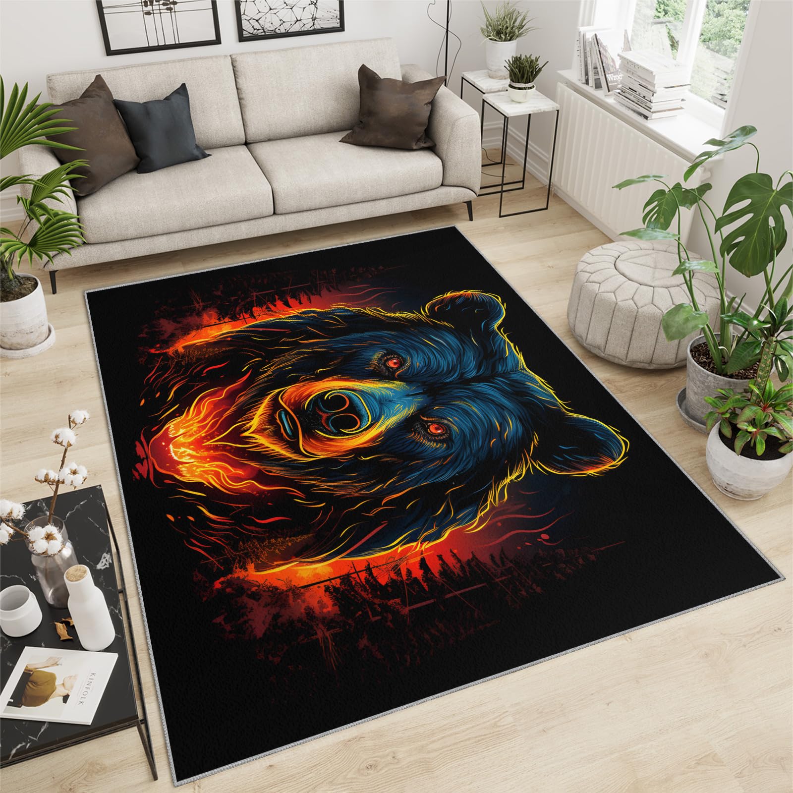 Bear Rug for Bedroom - Flame Bear Rugs for Boys Room, Wild Animals Area Rug, Washable Carpet for Kids Dormitory Living Room Farmhouse 50x80cm