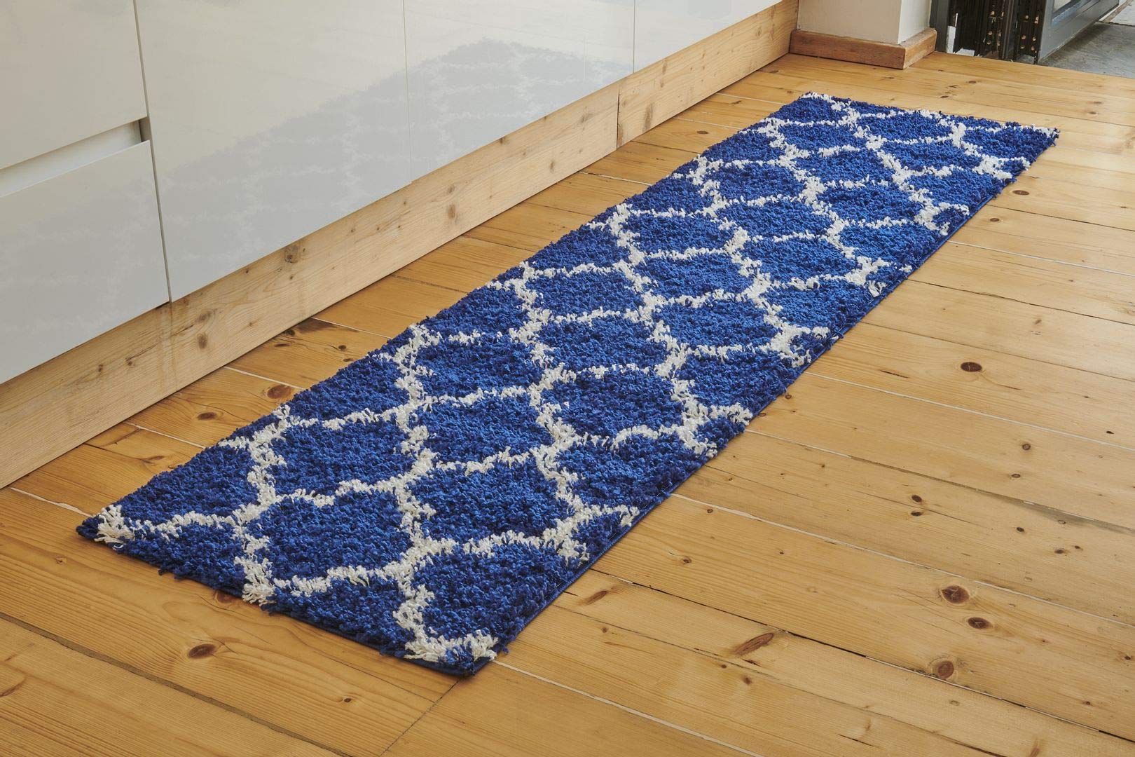 Super Soft Thick Navy Dark Blue Moroccan Trellis Shaggy Shag Rug Runner Nordic Denim Luxurious Fluffy Plush Geometric Hallway Bedroom Fireplace Rugs 60cm x 230cm