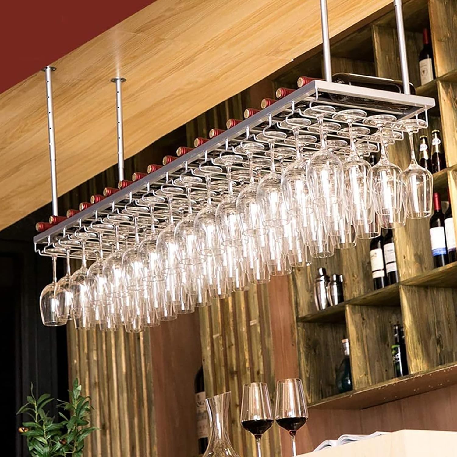 Hanging Wine Glass Holder Rustic Metal Wine Holder,Adjustable Height,Ceiling Stemware Rack,Vintage Wine Glass Rack,for Restaurants/Bars/Home