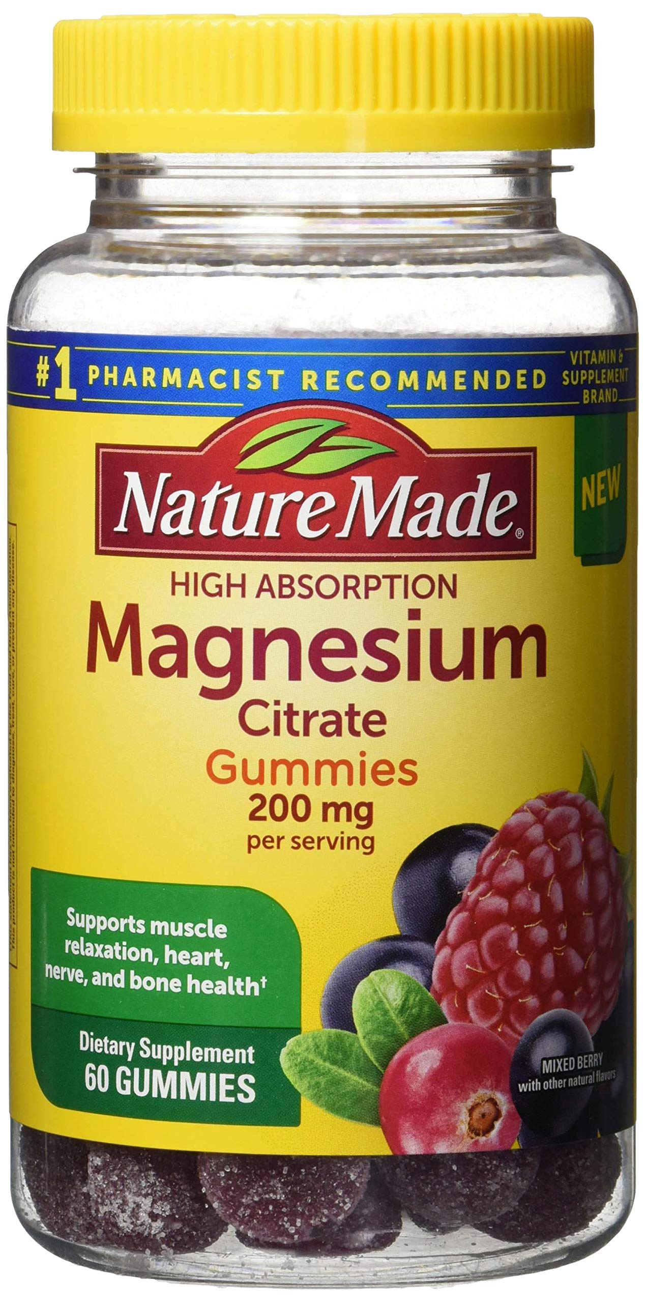 Nature Made High Absorption Magnesium Citrate 200mg Gummies, 60 Count, Mixed Berry, 60 Count (Pack of 12)