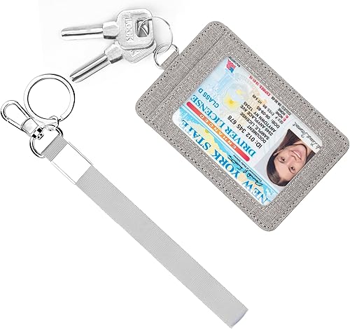 Miniatura 5 de Llavero pequeño para mujer, cartera delgada con cordón, tarjetero para tarjetas de identificación, cartera con llavero desmontable, A-gris,