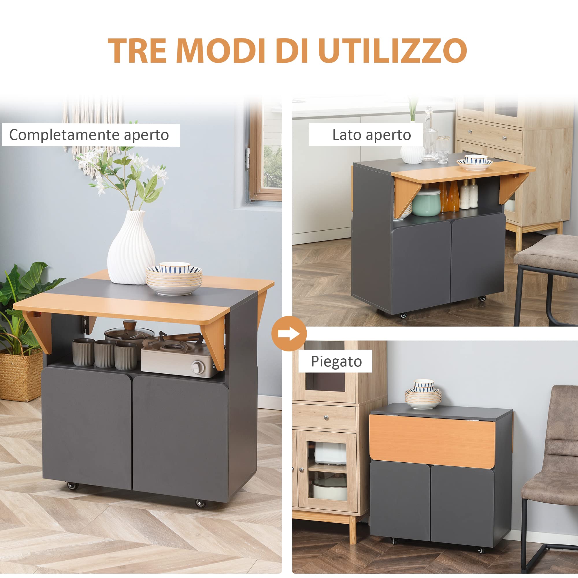 HOMCOM Tavolo Pieghevole Salvaspazio 4 Ruote 70x83x75 cm Giallo e Grigio | Per 4 Persone Max, Ripiano Nascosto, Armadietto con Ante