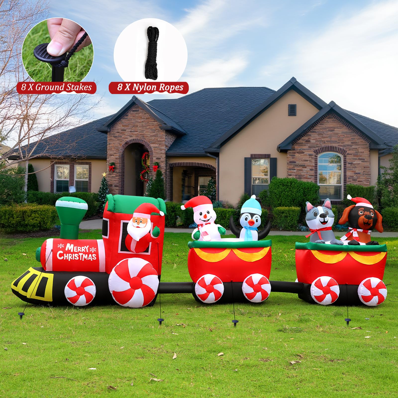 360cm / 12ft Aufblasbarer Weihnachtszug mit Weihnachtsmann-Schneemann-Pinguin-Hund, Aufblasbare Weihnachts Dekoration, Integriertem LED-Licht, Weihnachtsfeier, Festival, Garten, Rasen, Hofdekoration