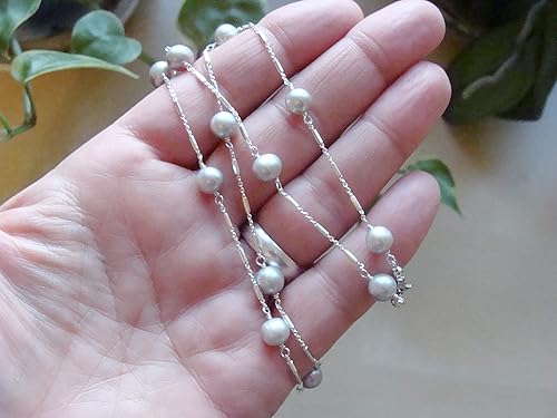 Miniatura 4 de Silver pearl chain necklace, station chain, tip cup necklace, everyday style, 6.5-7mm pearls, 18.5 inches, handmade, Let Loose Jewelry
