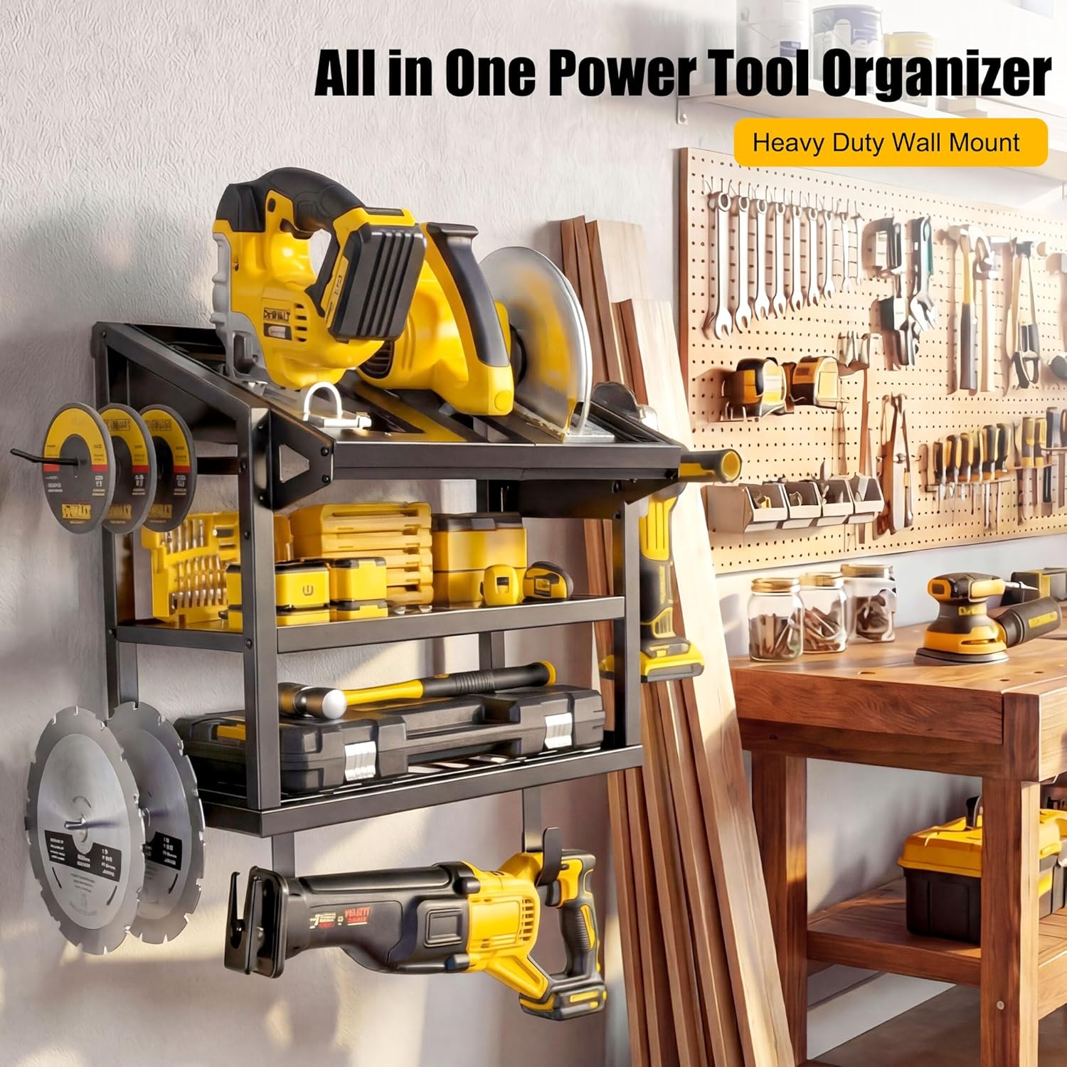 Circular Saw Holder Wall Mount, 3-Tier Heavy Duty Metal Saw Storage Rack for 7-1/4” Saws, Angle Grinder & Blades, Circular Saw Accessories for Garage Workshop, Fit Most Brands