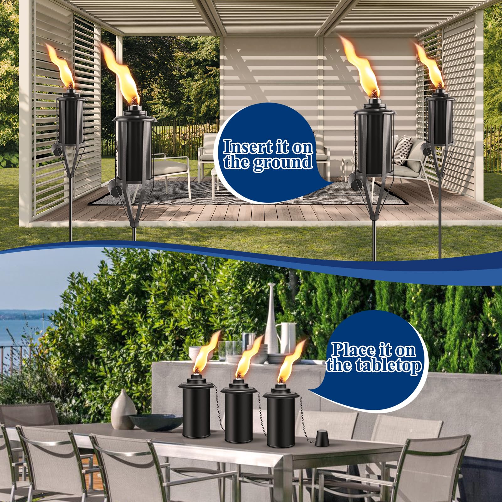 ZSPENG Gartenfackel für Zuhause, Garten, große Kapazität, 473 ml, Outdoor-Metallfackel, Gartendekoration, 150 cm, verbesserte Citronella-Fackeln mit 3 Zinken, Erdspieß, Tischfackeln für Party